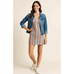 Forever 21 Womens Striped Mini Dress Sz‎ Med Multi-Color Square Neck Linen Blend